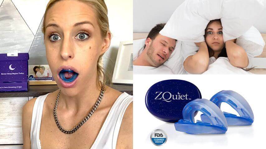 Collage showing a woman with a blue mouthpiece, a couple in bed with the woman covering her ears, and ZQuiet mouthpieces