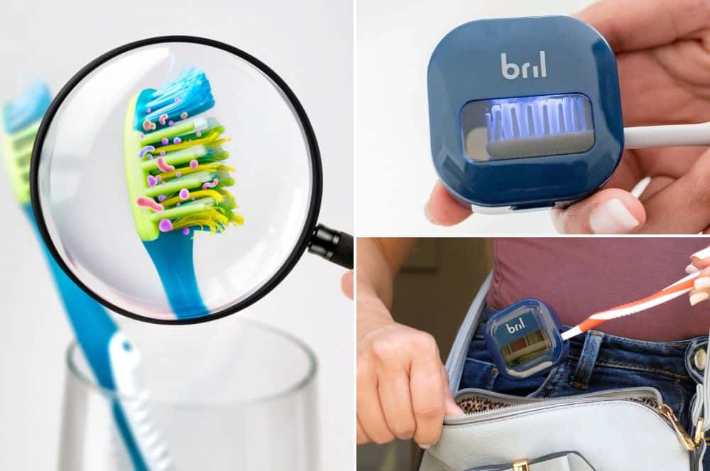 Collage showing bacteria on a toothbrush, a UV sterilizer device, and the device being carried in a bag