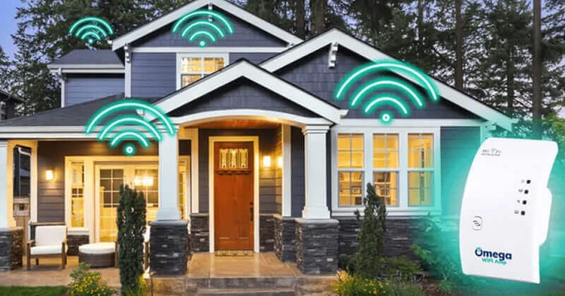 House with Wi-Fi symbols and a Wi-Fi extender device