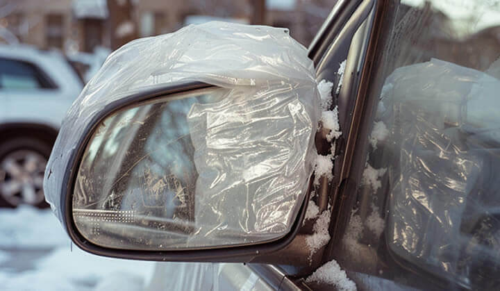 Car side mirror covered with a clear plastic bag, surrounded by frost and snow