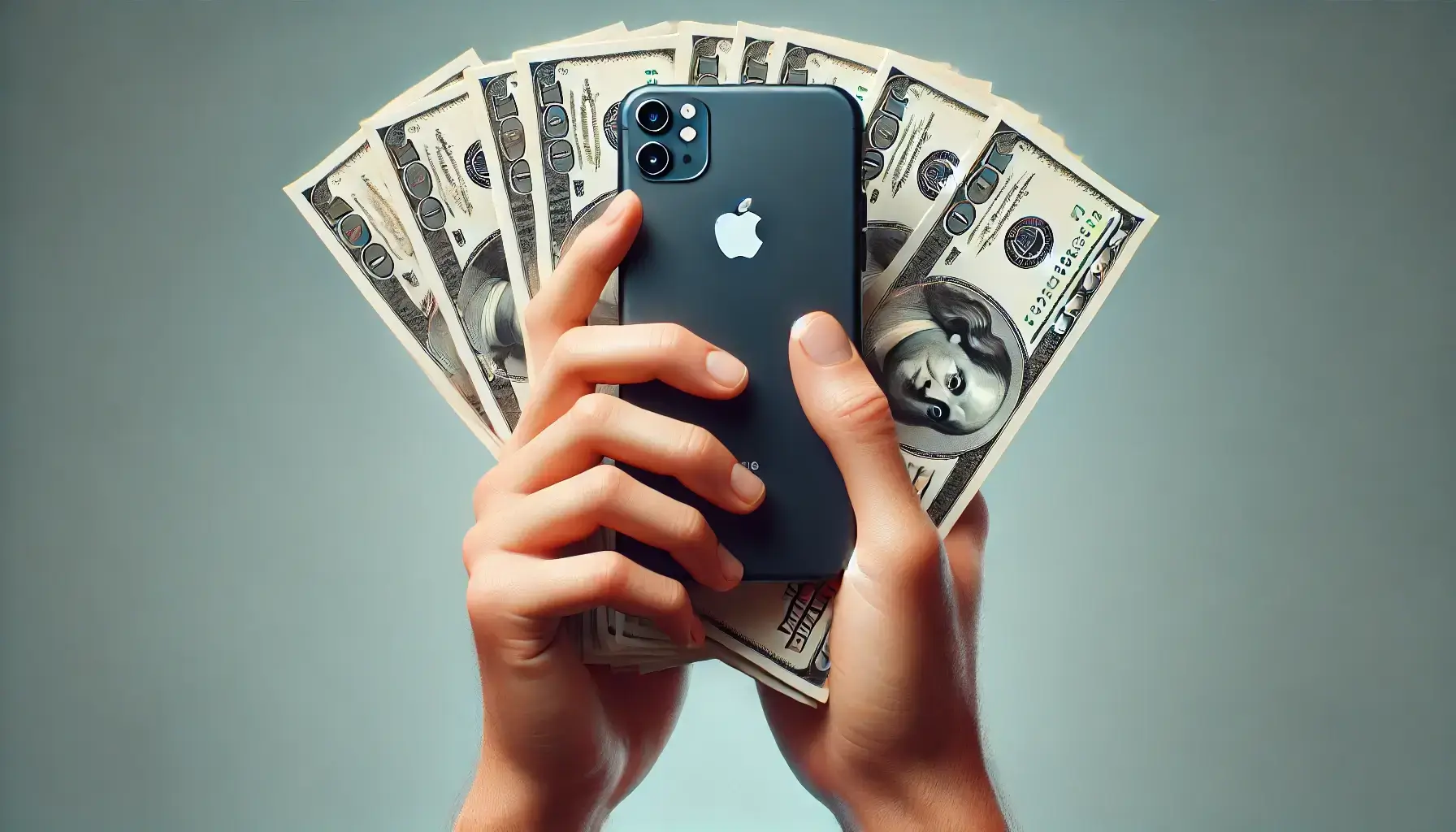 Hands holding an iPhone with several $100 bills fanned out behind it