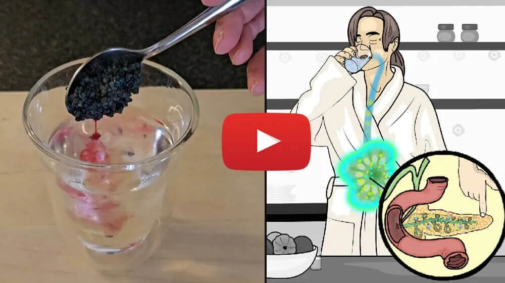 Split image showing seeds being poured into water and an illustration of a person drinking with a glowing effect around their stomach